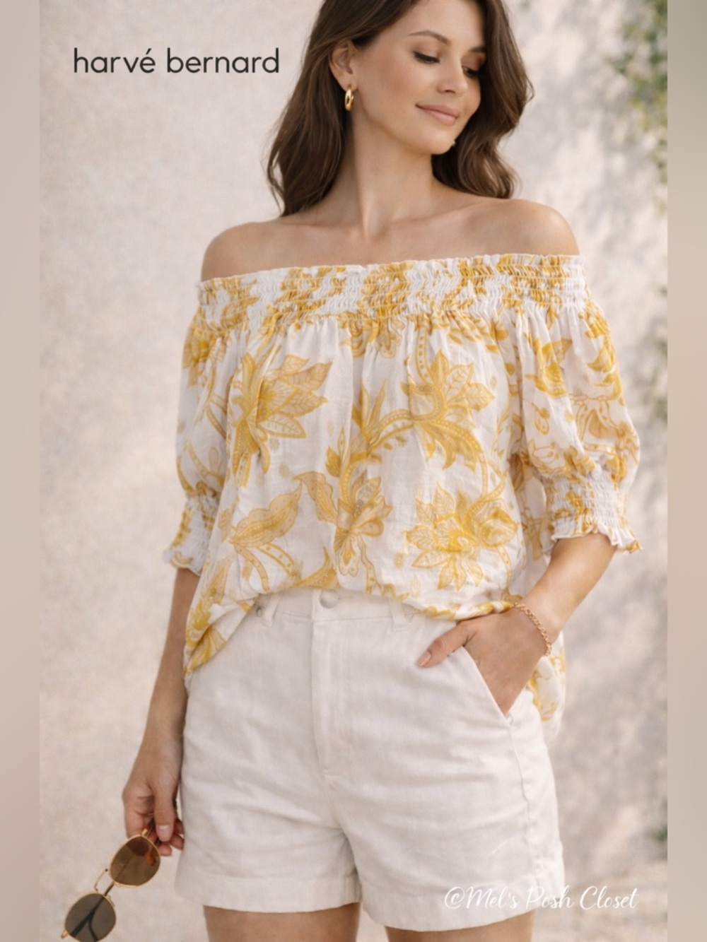 🚨Harvé Bernard Off Shoulder Boho Blouse XL | White & Gold Floral Summer Top